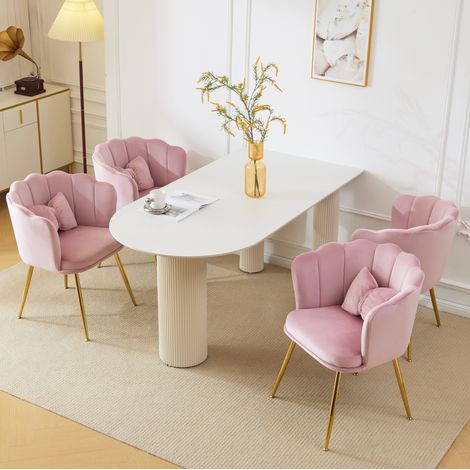 Set di 4 sedie in velluto rosa con schienale a petalo, gambe metalliche dorate, 150 kg, 1 pezzo,63 x 28 x 77 cm (1/5)