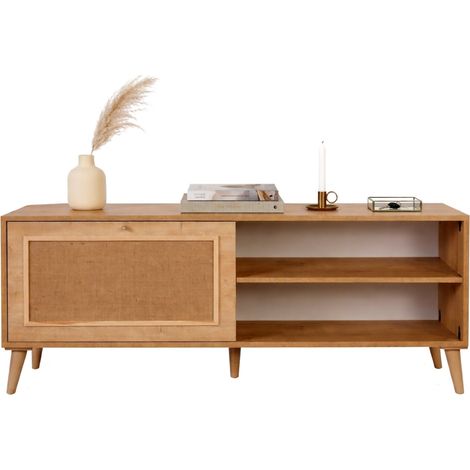 Mueble para TV Pesio, un estante, apertura abatible, una puerta, 138x41x55h cm, color roble marrón
