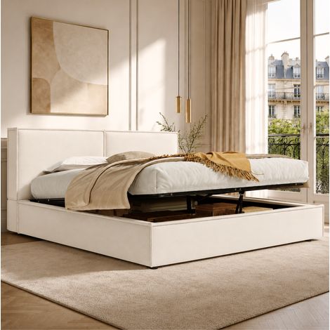 Cama doble 180x200 cm beige de lino con almacenamiento hidráulico y somier (1/5)