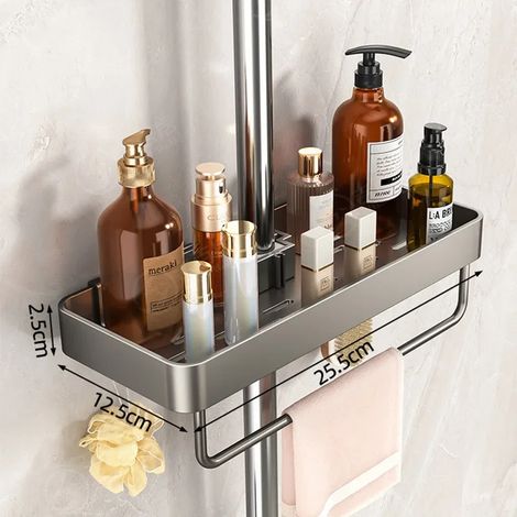Support mural pour pommeau de douche (gris avec tige) - Fixation sans perçage - Rangement pour shampoing intégré - Étagère de rangement (1/5)