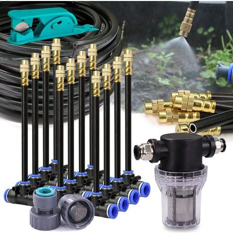 Kit de 15 m : système de brumisation et de refroidissement avec buse en laiton flexible à 360° (9/12 mm). atomiseur réglable et filtre 80 mesh pour l'irrigation de jardin. (1/4)
