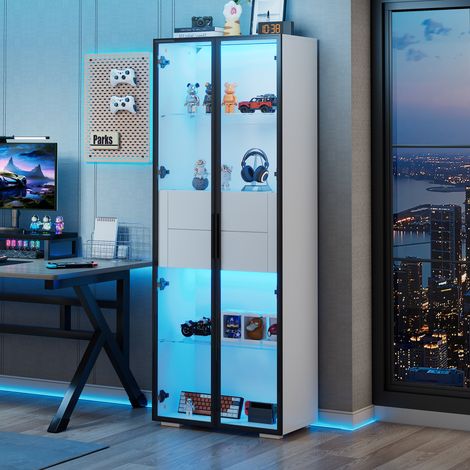 Meuble de rangement haut 60x40x160cm blanc, armoire vitrée avec porte en verre trempé, étagère LED, 2 étagères en verre, 2 tiroirs, buffet pour salon, meuble TV, placard étroit. (1/5)