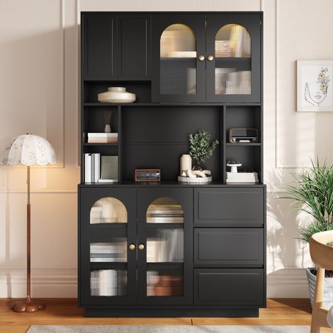 Aparador alto, mueble de cocina con puertas curvas de acrílico, mueble bar con compartimentos abiertos, armario con iluminación LED de color ajustable controlada por una aplicación. (1/5)
