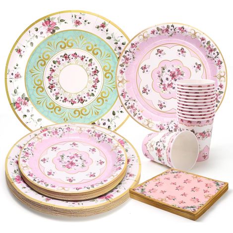 Lot de 96 assiettes jetables en papier pour fête du thé - Assiettes en papier jetables - Gobelets pour fête du thé - Décoration de fête - 24 invités (1/5)