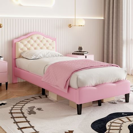 3ft Single Upholstered Bed Frame with Adjustable Chic Button-Tufted Headboard, PU Faux Leather Bed Frame with Solid Wood Slat, No Box Spring Needed, Easy Assembly, Pink+Beige (No Mattress)