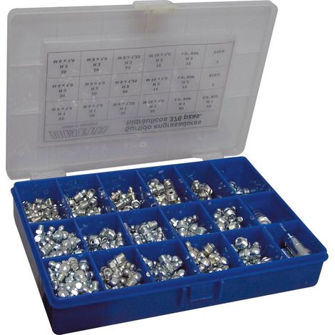 Caja de engrasadores surtidos UMETA con 376 piezas y variedad de tipos.