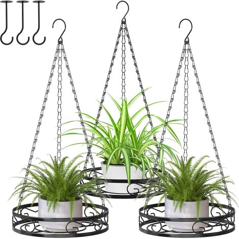 Lot de 3 pots de fleurs suspendus en métal avec crochets de plafond et chaîne de suspension, Noir (1/5)