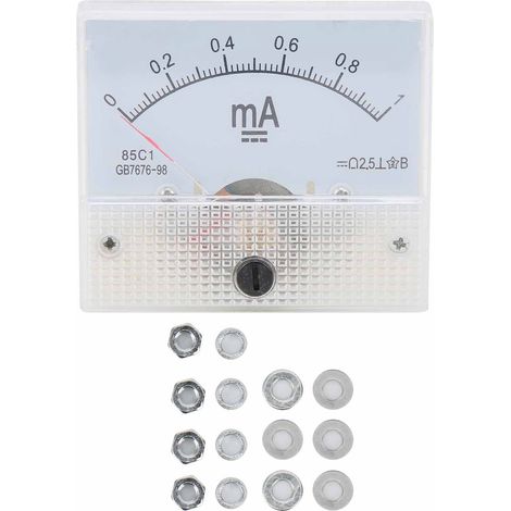 85C1 DC 01MA Ampèremètre analogique à cadran blanc et pointeur rouge – Précis (±2.5%), isolation robuste (1 appareil avec 4 écrous, 4 rondelles élastiques, 6 rondelles plates) (1/4)
