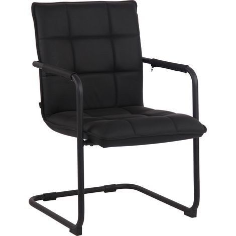 Fauteuil de bureau visiteur sans roulettes en véritable cuir noir piétement luge en métal noir 100003348 (1/5)