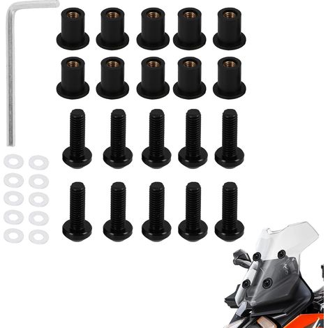 10 Stück M5 x 16 mm Motorrad-Windschutzscheibenmuttern, Komplettset mit Muttern, Unterlegscheiben und Sechskantschraubendreher, kompatibel mit allen Motorrädern, Windschutzscheibenmuttern, Schwarz (1/5)