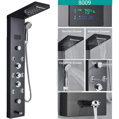 Ensemble de robinet de douche, pluie et main, affichage numérique LED de température, robinet mélangeur, Noir 8009 (1/2)