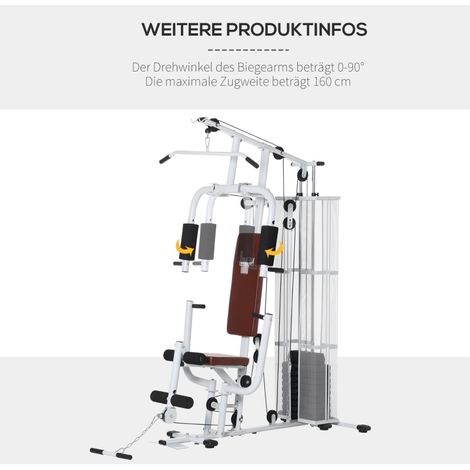 Station de musculation multifonction avec poids, appareil de fitness Kraftstation pour entraînement complet, incluant tirage vertical et curl jambes, cadre en métal, revêtement PU cuir blanc, dimensio (1/5)