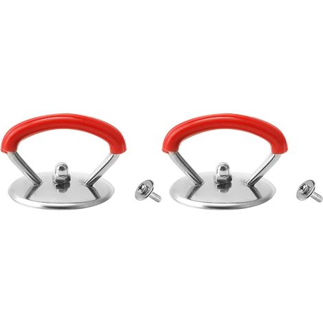 Set di 2 manici universali per coperchi di pentole, riutilizzabili e portatili, realizzati in acciaio inox, compatibili con coperchi di pentole, padelle, barattoli per olio, rossi.