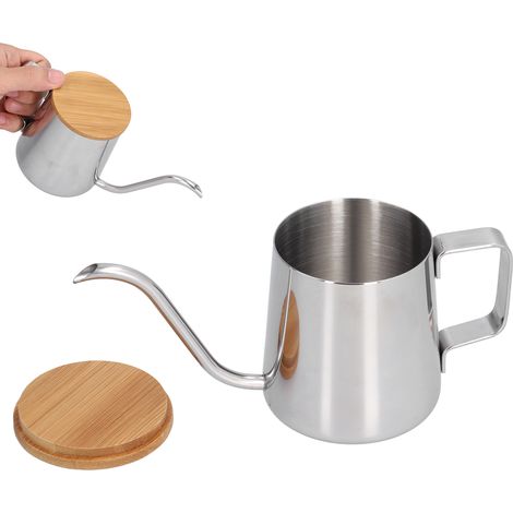 1 Cafetière, bec verseur long, acier inoxydable, filtre intégré, couvercle bambou, maison restaurant (1/5)