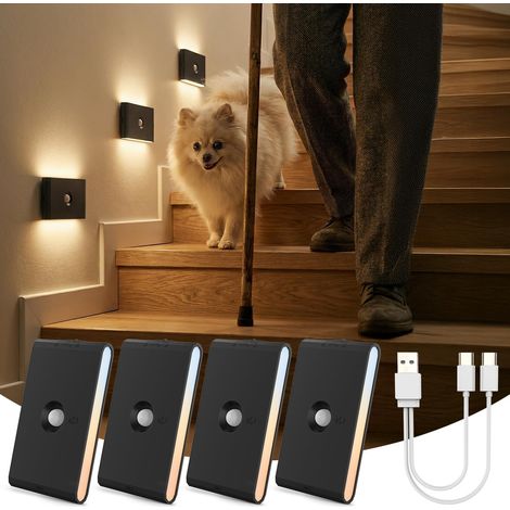 Lot de 4 Veilleuse Capteur Mouvement LED Rechargeable 3 Modes Lumière Réglable Intérieur Escalier (1/5)