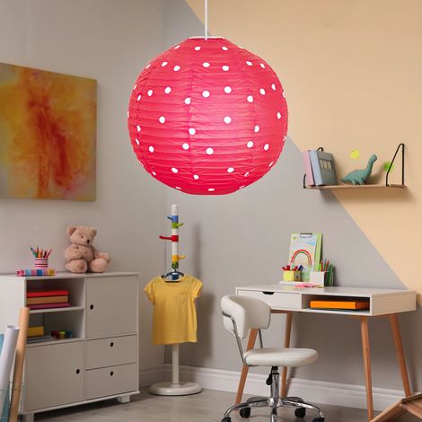Etc-Shop – Plafonnier boule suspendu 40 cm – Abat-jour textile rouge à pois blancs – Longueur câble 120 cm – Douille E27 – 60W max (1/5)