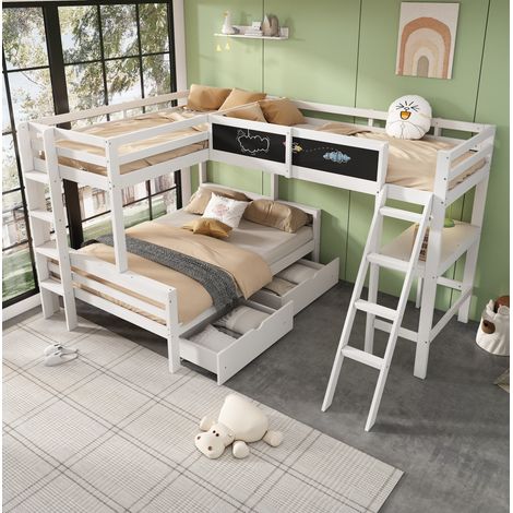 Cama infantil 3 plazas con escritorio y cajones, madera de pino, blanco y roble HAVRYA (1/5)