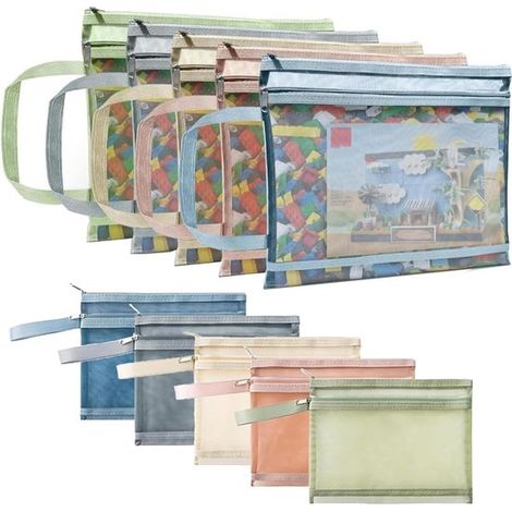 10 bolsas de malla con cremallera de colores, tamaño A4 (33,5 x 23,5 cm), bolsas transparentes transpirables de doble capa con asas, para juguetes, bloques, rompecabezas, libros. (1/5)