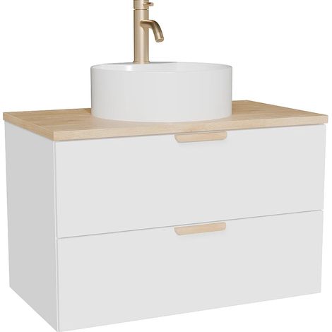 Mobile bagno sospeso con lavabo da appoggio rotondo e rubinetto Bianco L80 cm – AVORELI (1/5)