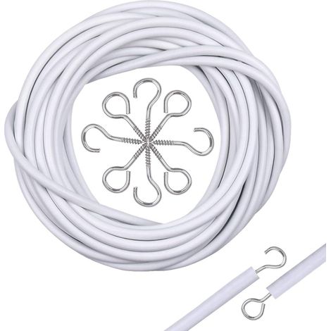 Filo per tende bianco, cavo per tende da 5 m con 6 ganci a occhiello e 6 ganci a vite per aste per tende