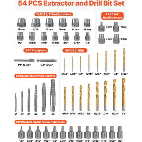 Kit Extracteurs de Vis Cassée 54PCs, Outils d'Extraction d'Écrous Endommagés et Arrondis, pour Réparation Domicile Atelier, en Acier Cr-Mo Robuste, avec Adaptateurs et Coffret de Rangement (1/5)