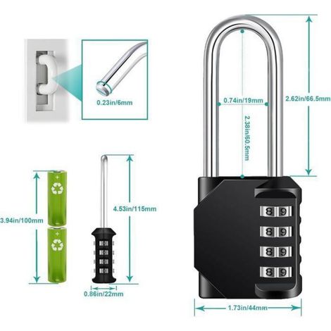 Cadenas Long Code Exterieur Pour Portail, Abri de Jardin, Grande Cadenas Code 4 Chiffres Pour Casier Vestiaire Sport, College (1/4)