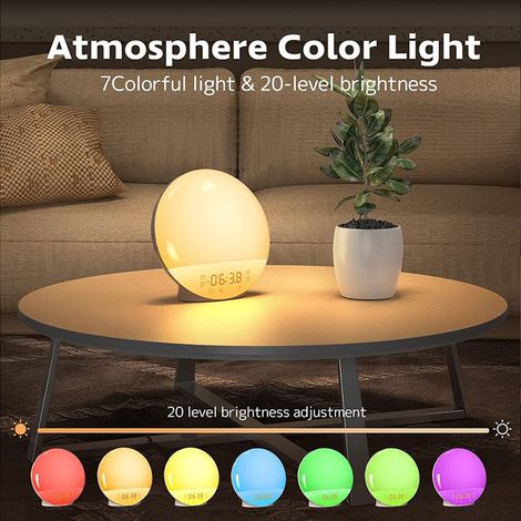 Réveil Lumineux Simulateur d'Aube, Lampe LED 7 Couleurs, Veilleuse de Chevet, Bruit Blanc, Réveil Enfant (1/5)