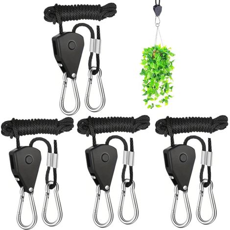 4 Pièces Corde à Cliquet Réglable Noire avec Crochets,Sangle à Cliquet 1/8 Pouces, Capacité 68 kg/Paire pour Suspension de Lampe, Plantes, Tente ou Ventilateur pour Usage Intérieur/Extérieur (1/5)