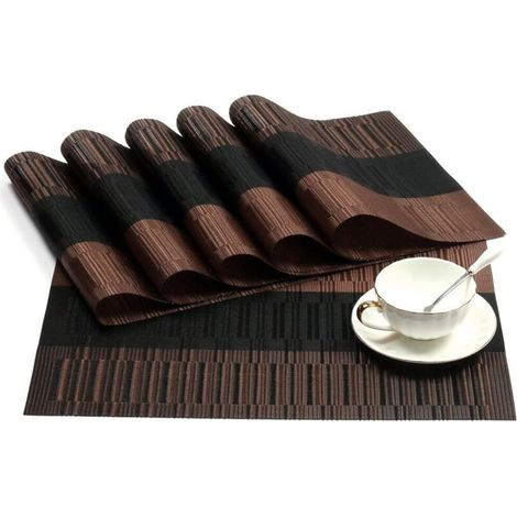 6-Piece Anti-Slip PVC Placemats, Washable (45x30cm) Placemats for Kitchen, Living Room, Garden or Dining Room (Black-Brown) (1/5)