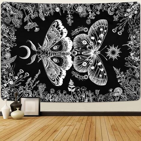 Ästhetischer Wandteppich mit Schmetterlings-, Pflanzen-, Blumen- und Mondmotiv schwarz-weißer Wandteppich zur Wanddekoration im Schlafzimmer oder Studentenwohnheim (130 x 150 cm) (1/5)