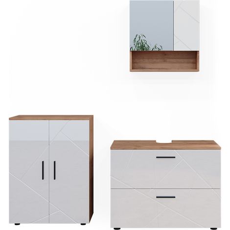 Badmöbel-Set Irma, Weiß Hochglanz/Goldkraft Eiche, 3 Teile, mit Unterschrank 80 cm, Vicco