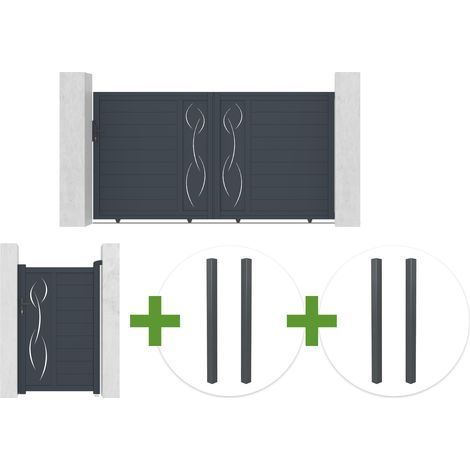 Portail coulissant 3m LIFE H.160cm aluminium gris + Portillon 1m LIFE H.160cm aluminium gris + 4 poteaux ELDA (1/5)