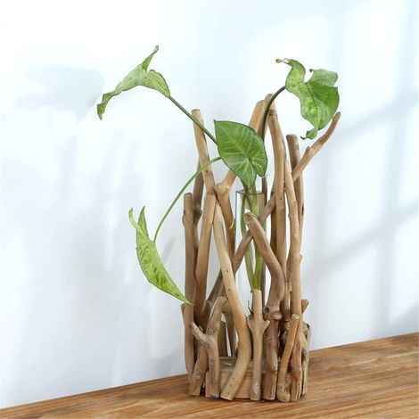 EASYCOMFORT Vase en Verre Tube pour Plantes Hydroponiques - Décoration d'Intérieur avec Support en Bois - Large - 15x15x31cm (1/5)