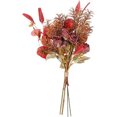 Bouquet de roses artificielles rouges, feuillage eucalyptus jaune automnal, décoration florale élégante pour vase ou meuble TV, petit arrangement réaliste (1/5)
