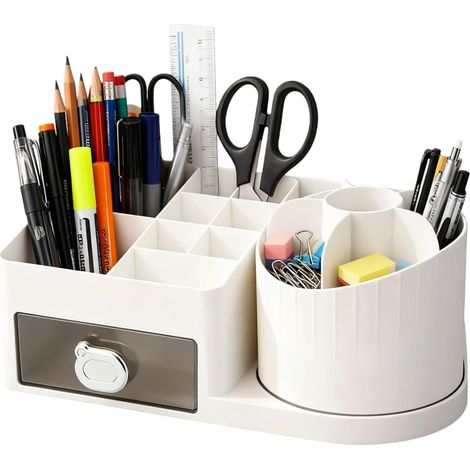 Organizador de escritorio giratorio con 15 compartimentos + 1 cajón, portalápices giratorio de 360° para guardar útiles escolares, maquillaje y accesorios de oficina (blanco)