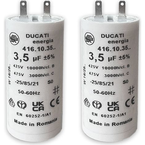 Condensateurs pour réparation de moteur de volet roulant SOMFY, SIMU - Condensateur cylindriques à 2 cosses Faston 2,8 - spécial remplacement - pour moteur de volet. - 3,5 uF - Lot de 2