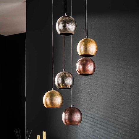 Suspension 6 lampes 35x40x150 cm en métal chrome, or et cuivre