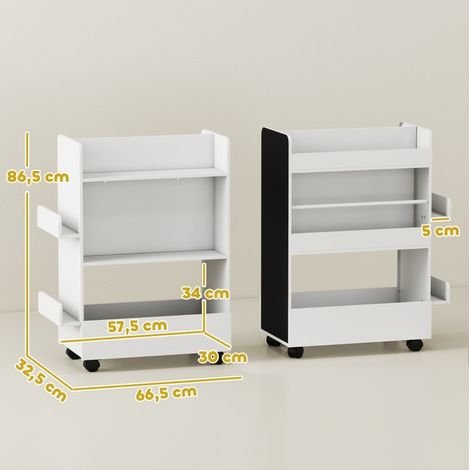 Kinderbücherregal mit 4 Ablagen, Aufbewahrungsfach, Tafel und Rollen, Weiß OKMYHOME (1/5)