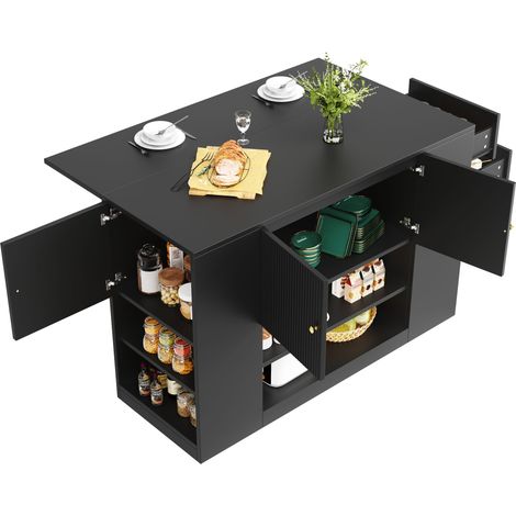 Îlot Central Cuisine,Desserte de Cuisine avec Plateaux rabattables,Meuble de cuisine multifonction avec 2 portes + tiroirs + étagères réglables,140×40×90cm,Noir