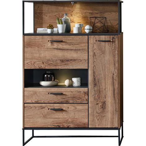 Highboard im Industrial look in Haveleiche Cognac mit graphit MINNEAPOLIS-55 inkl. LED-Beleuchtung, B/H/T ca: 99/151/38 cm (1/5)