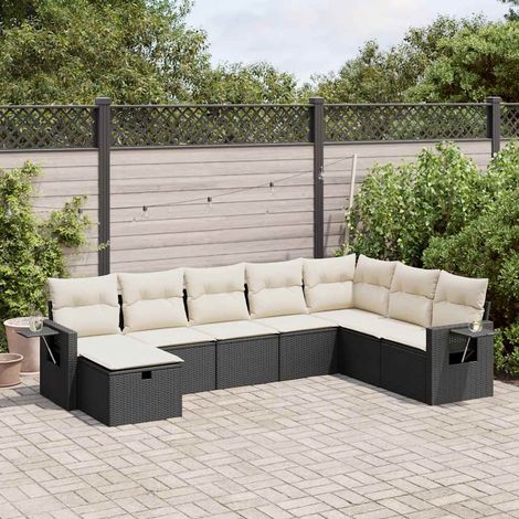 Ensemble Salon Jardin 8 Places Résine Tressée Noir avec Coussins Crème - Mobilier Extérieur Modulaire avec Rangement (1/5)