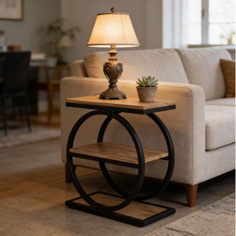 Mesa auxiliar de 3 niveles, negra y marrón, en MDF y metal, 60 x 30 x 65 cm OKMYHOME (1/5)