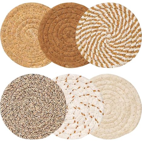 Lot de 6 sous-verres ronds tissés en coton, absorbants et résistants à la chaleur, diamètre 11 cm, pour table, salon, cuisine (1/5)