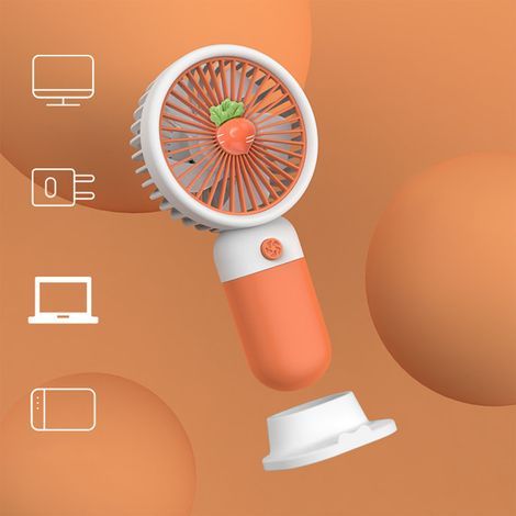 Ventilateur USB portable avec support pour téléphone, rechargeable par USB, ultra silencieux et mignon, idéal pour les voyages et les activités de plein air (orange). (1/3)