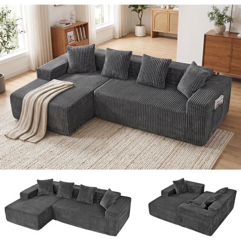 Divano angolare compresso a 3 posti in velluto a coste, divano modulare Cloud, chaise longue a sinistra, non richiede montaggio, 261x156x80 cm, grigio (1/5)