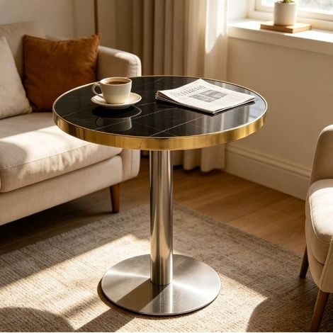 Tavolino laterale rotondo nero in MDF con effetto marmo, bordo in acciaio inox dorato e base stabile (1/5)