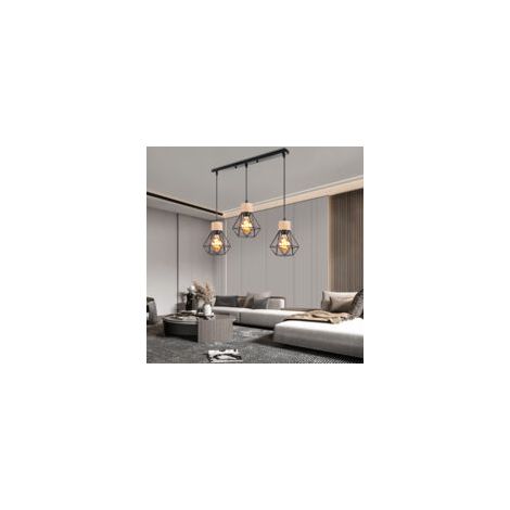 Lampe suspendue en métal noir à trois lampes – Boîtier géométrique en cage – Support E27, compatible avec des ampoules LED – Style industriel rétro, idéal pour un restaurant (1/5)