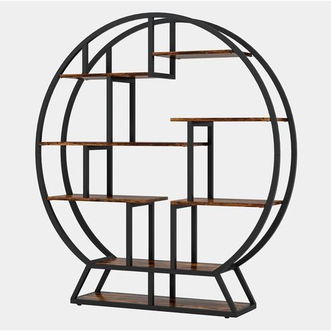 Étagère ronde pour plantes avec 8 niveaux, cadre métal noir et plateaux brun rustique (1/5)