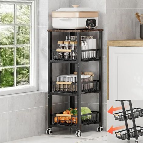Panier en Fil avec Roues, boîte de Rangement empilable, étagère de Cuisine, Plateau de Chariot Multi - Couches pour Fruits et légumes et tiroirs coulissants (1/5)