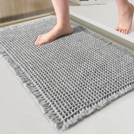 JSSEVN-Tapis de Bain en Coton à Motif Gaufre, Antidérapant et Très Absorbant, Tapis de Salle de Bain Lavable pour Douche et Baignoire, Gris, 50 x 80 cm (1/5)